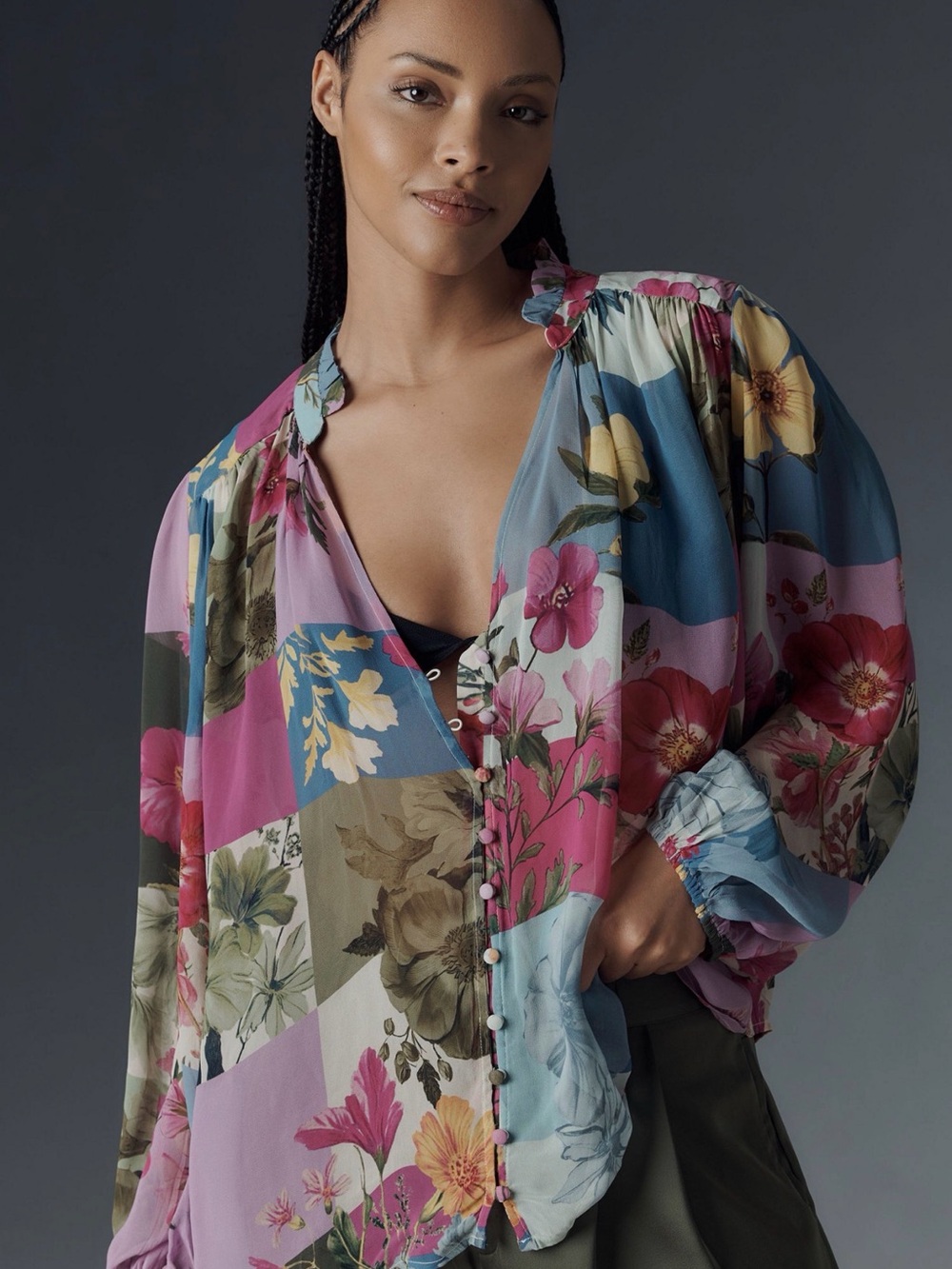 Anthropologie Estela Floral Patchwork Button-Front Women's Blouse